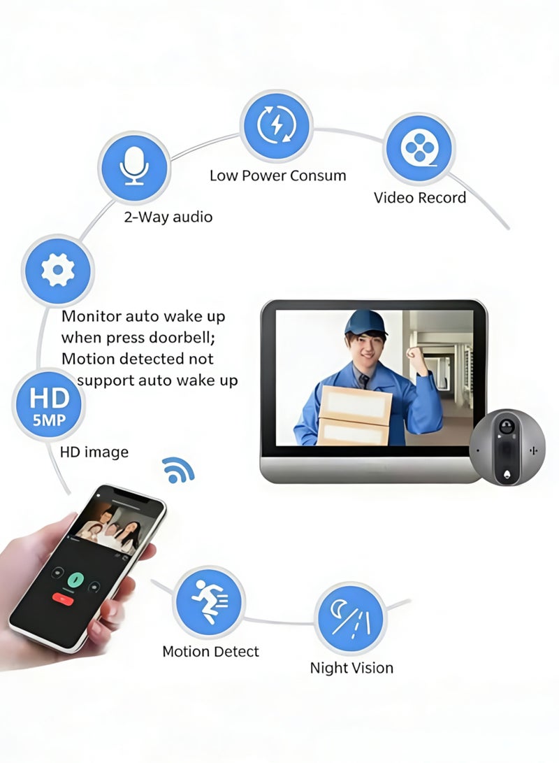 Door Viewer Camera D300, 5MP Wire-Free Doorbellwith 4.3" LCD Display,with 64GB Memory Card，5000mAh Rechargeable Battery, 145° Wide View, Motion Detection Alerts, Night Vision - Image 5